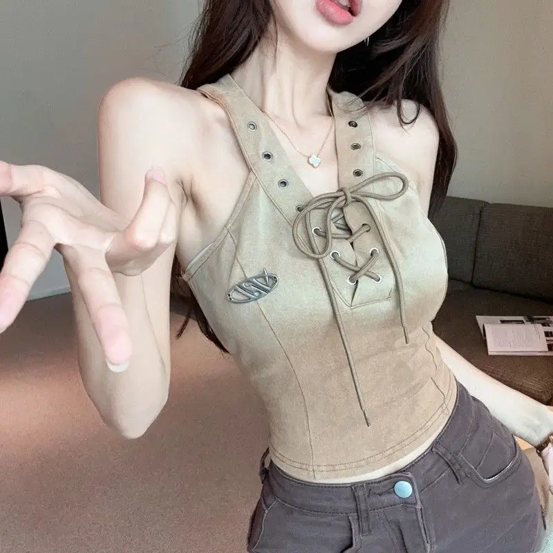 

Korea Y2K Tops Sexy Hanging Neck Suspenders Korean Fashion Vest Women Summer Retro Short Harajuku Aesthetic Sleeveless Tops Crop