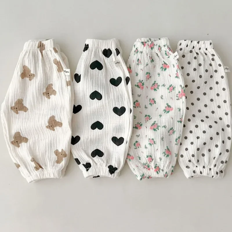 

Summer Baby Linen Polka Dot Pleated Pants Newborn Girl Sweet Floral Print Pants Toddler Boy Casual Cotton Gauze Lantern Trousers