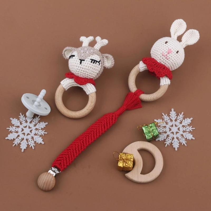 Rattling Baby Cartoon Toy Hanging Rings BPA Free Newborn Gift Natural Color for Infant for Play Pacifier Chain Newborn