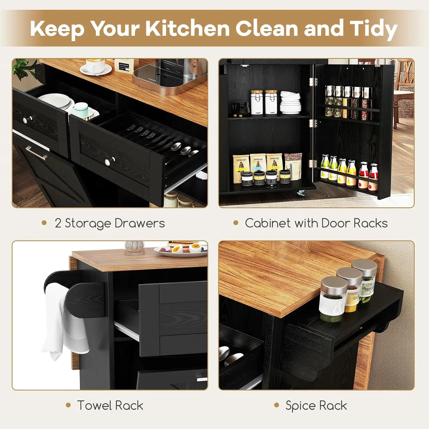 Kitchen Island Cart with , Trash Cabinet, Drawers, Towel & Spice Rack, Mobile Table with Universal Wheels, Customized