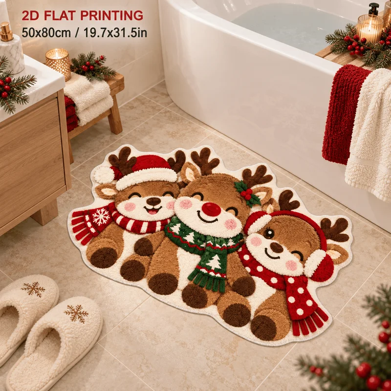 VIKAMA Cute Christmas Reindeer Trio Bath Rug, Soft Flannel Plush Bathroom Mat, Non Slip Absorbent Washable Floor Carpet