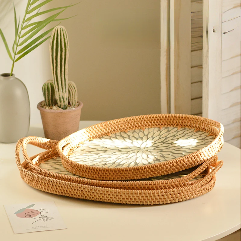 

Rattan Shell Woven Storage Tray Basket Dried Fruit Nuts Cake Coffee Household Storage Organizer shell Inlaid Ear Picnic Basket
