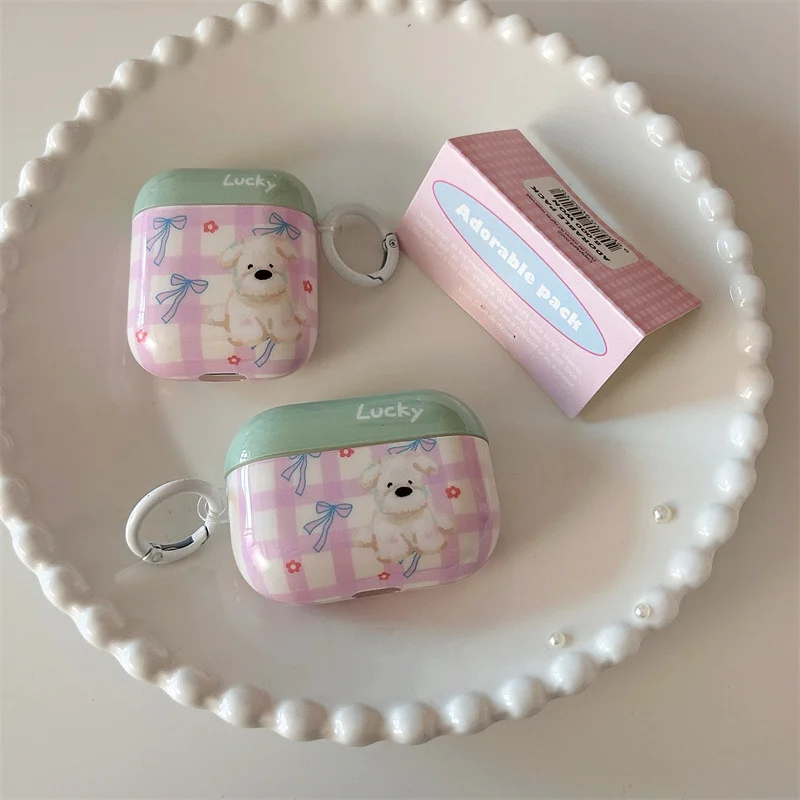 

Pink plaid white dog for Apple Airpods 1/2/3 generation protective cover wireless Bluetooth headset Pro 2 generation