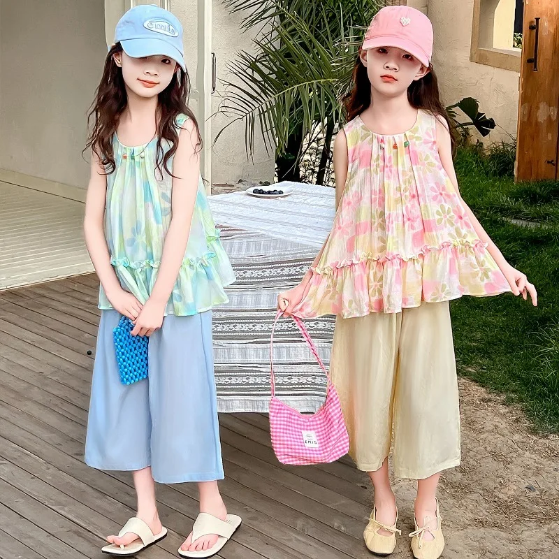 

Girls Clothing Set Children Floral Sleeveless Babydoll Top + Wide-Leg Pants Two-Piece Set 2025 Summer New