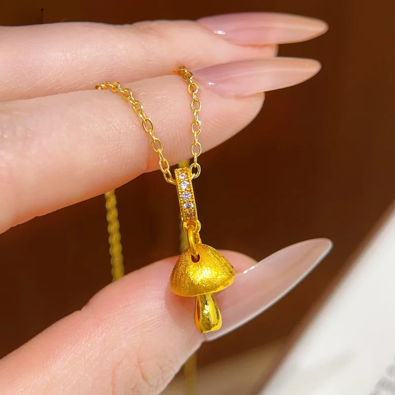 Luxury 100% Real 24K Gold New Chinese Ancient Gold Vel Solid Mushroom Head Pendant, Collar Chain Gift For Her