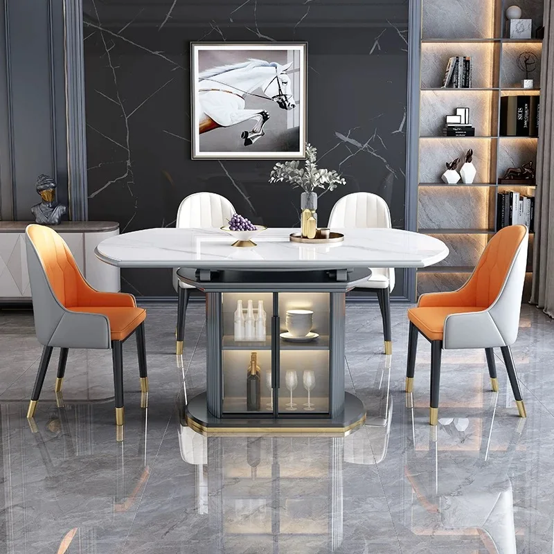 مجموعة كراسي طاولة طعام رخامية مستديرة فاخرة وحديثة قابلة للتمديد وقابلة للطي، 4، 6، 8 مقاعد، تصاميم أثاث متعددة الوظائف