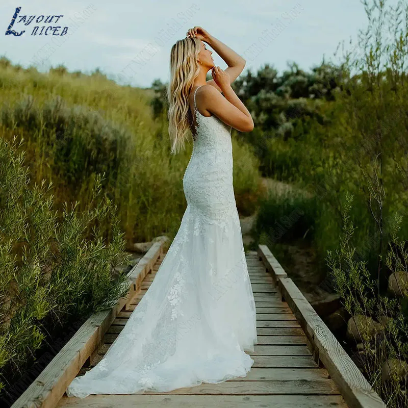 NICEB-vestido De novia De encaje con cuello en V, traje elegante De corte sirena con espalda abierta, apliques nupciales, diseño bohemio Vestido de Novia Sirena Boho Elegante Cuello en V  Vestido De Novia De Encaje Esp