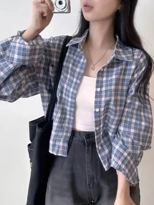 Chic Plaid ort Svel frauen irt Lose Fit Lange Sve drehen-unten Kragen Lazy Sle Koreanische Design Frühling herbst Top