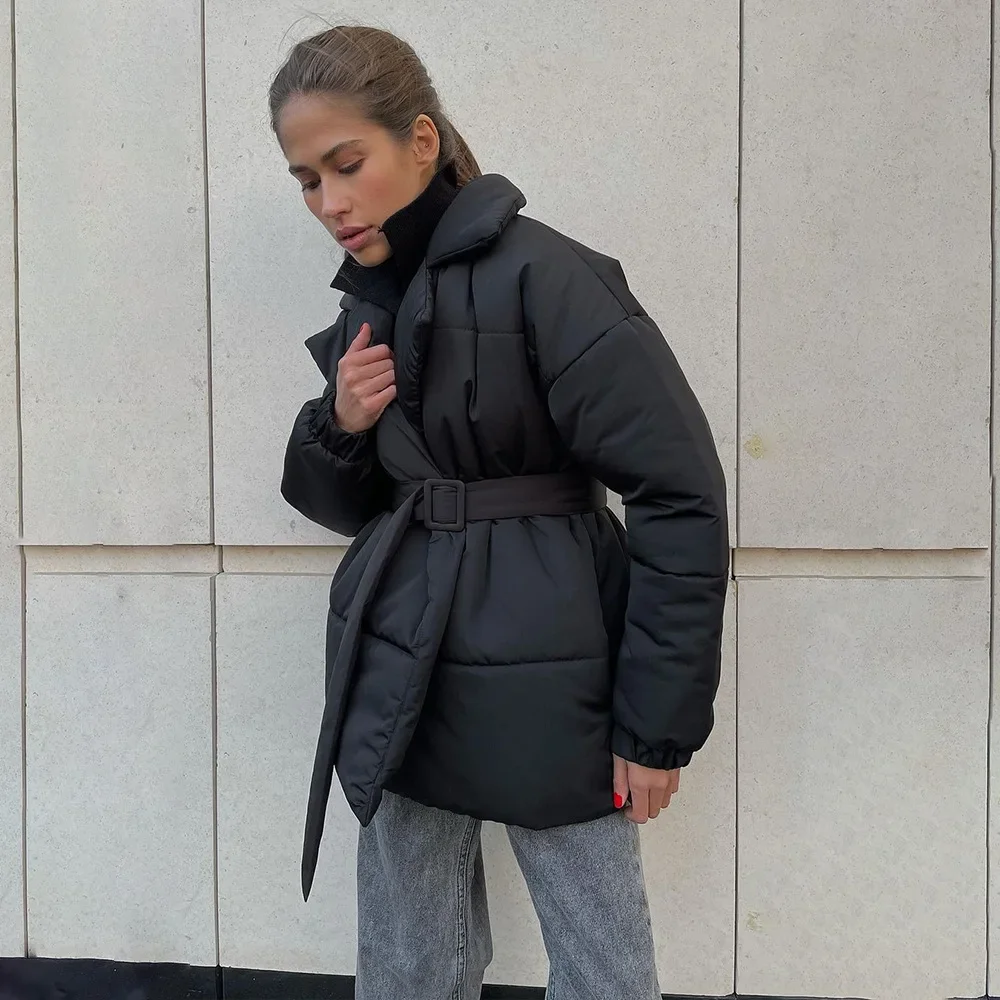 Belt Lapel Parkas Women Winter Thick Short Padded Jacket Loose Pocket Coat Long Sleeves Fashion Streetwear 2024 New in Outerwear