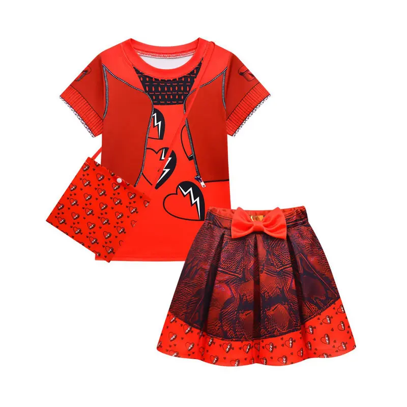 

Halloween Descendants 4 Costume For Teenager Girl Set The Rise Of Red Child Heart T Shirt Top+Bow Skirt+Bag 3pc Outfit