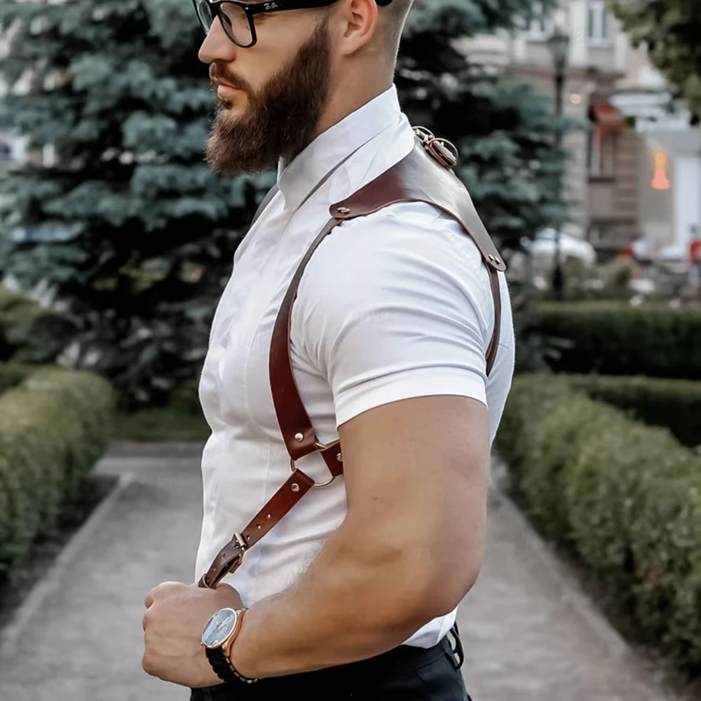 Men\'s Knight Brown PU Leather Suspenders Fashion Suit Shirt Suspenders Belt For Party Club Costume Men Gifts