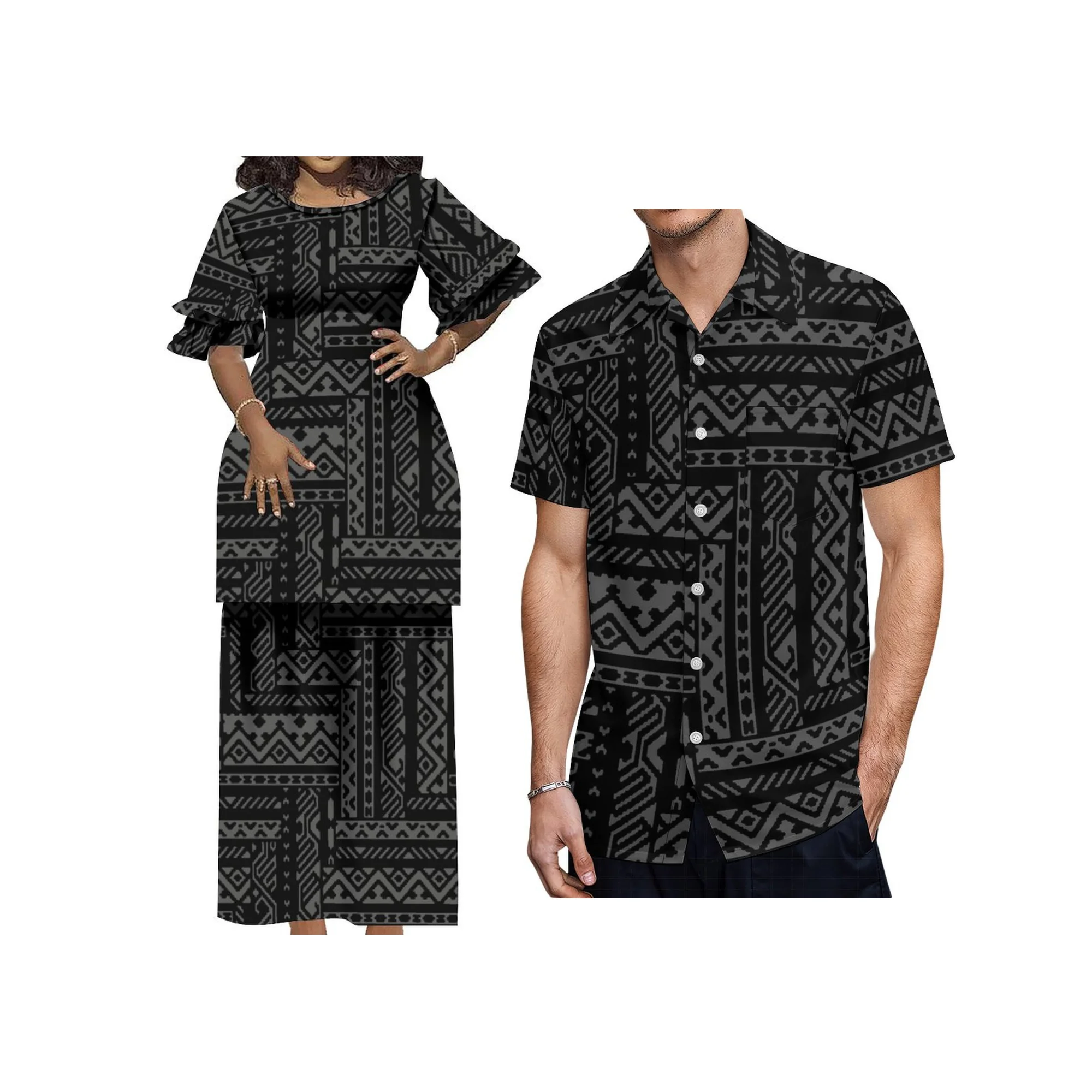 Polynesian Puletasi Double Set Dress Print Dress Summer Petal Sleeve Elegant Long Dress Custom