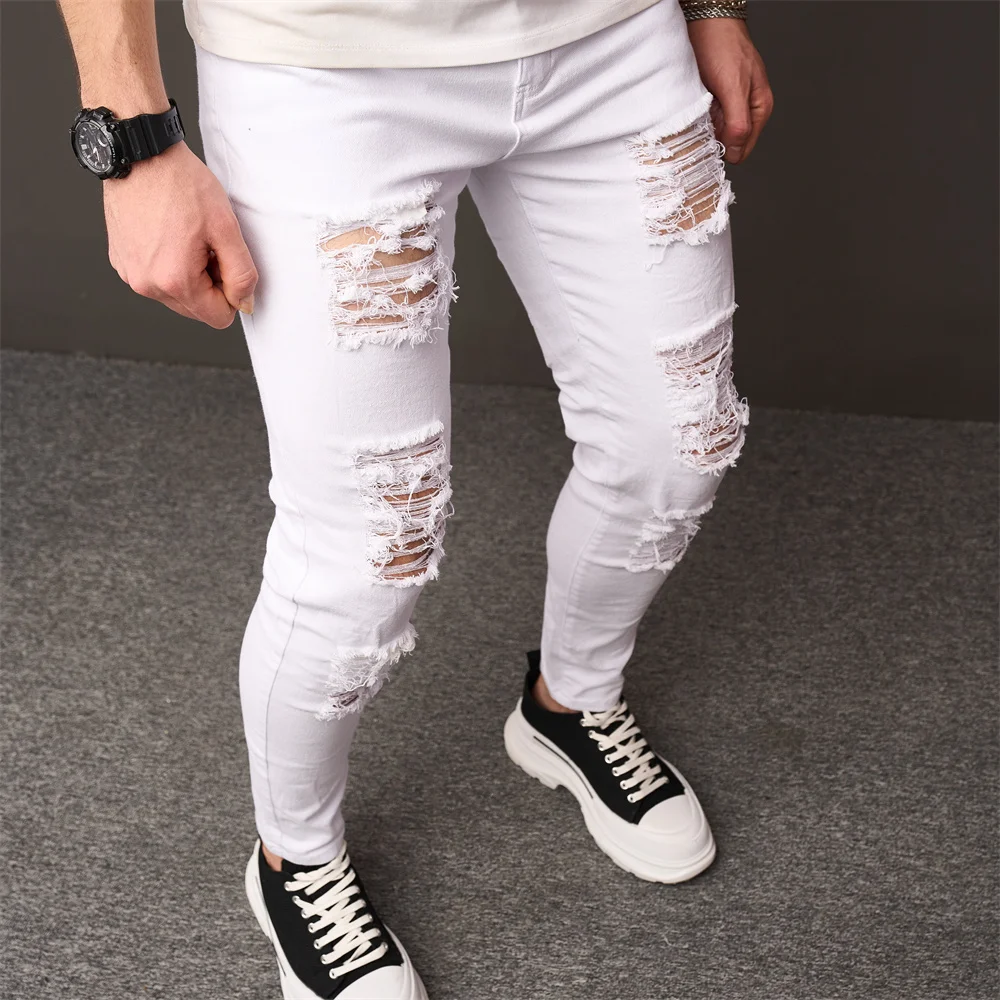 Streetwear Gaten Skinny Jeans Stijlvolle Heren Stretch Slanke Broek Distressed Scheurd Effen Heren Casual Potlood Denim Broek