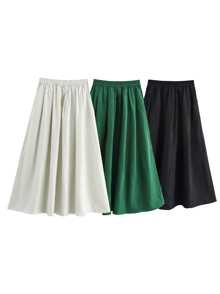 

2025 Новая женская одежда в европейском и американском стиле, модная универсальная однотонная юбка-миди с высокой талией и широким подолом