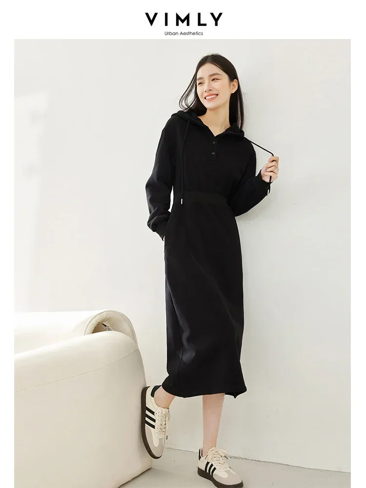 Vimly Black Hooded Sweatshirt Dresses for Women 2023 Winter Fleece Thicken Warm Straight Pockets Midi Dress Female Clothes M3715