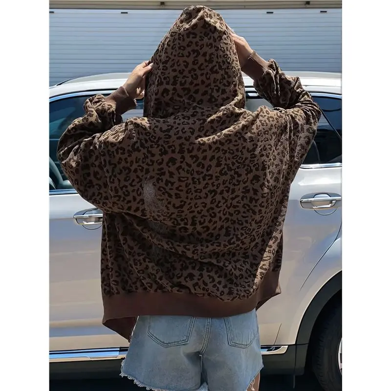 Women's Vintage Leopard Print Hooded Zip Up Loose Long Sleeve Cardigan Eco-Friendly
