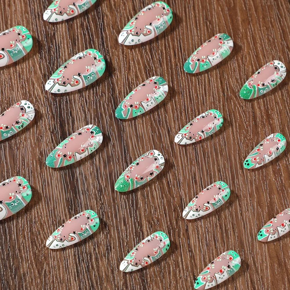 24 pçs imprensa de natal em unhas verde santa gato grinalda projetos unhas falsas brilhante amêndoa cobertura completa wearable unhas falsas para festa