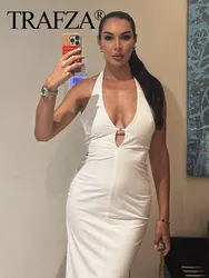 TRAFZA Female Beach Style Long Dress White V-Neck Sleeveless Backless Hollow Out Zipper ​​​​​​Summer Dresses Woman 2024 Trendy