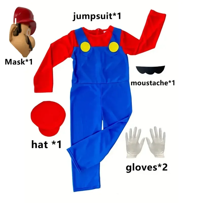 Fato de canalizador infantil com chapéu e máscara, bigode, luvas, macacão, festa de Halloween, vestir, jogo de desenhos animados, roupa cosplay para menino e menina