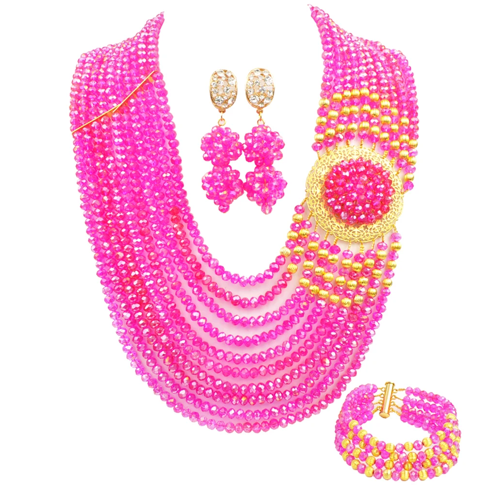 Nigerian Bride Wedding Dress Accessories Fuchsia Pink Plate Flower Crystal Necklace African Wedding Couple Jewelry Set YY-48