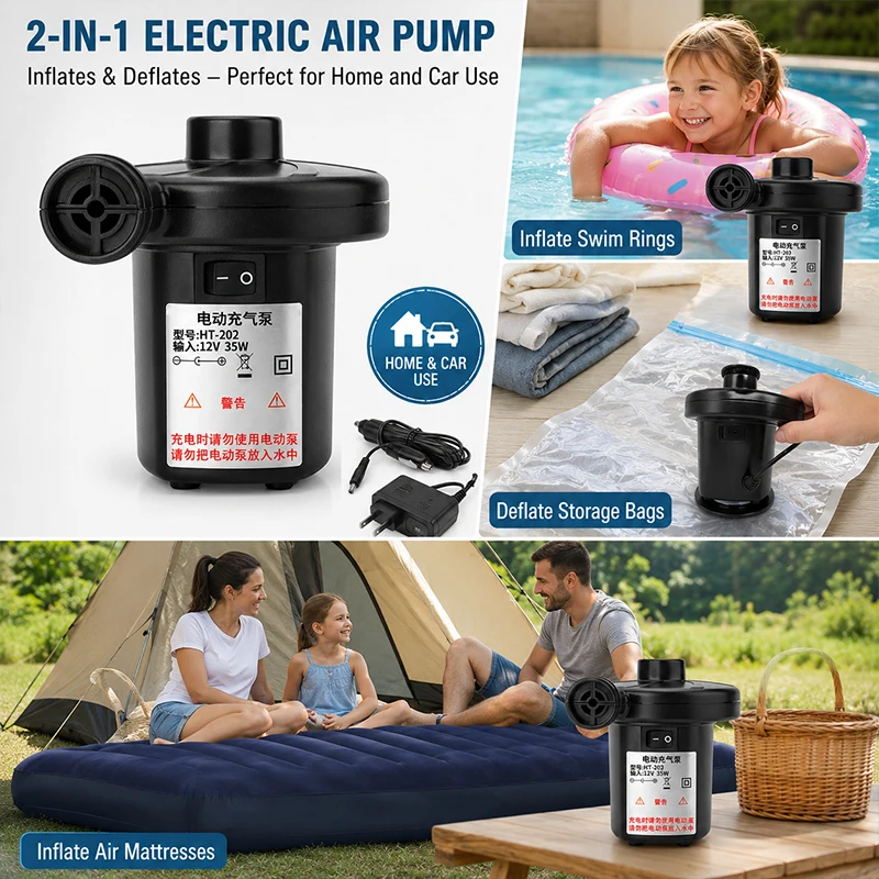 2 in 1 Car Home Electric Air Pump Inflator for Pool Toys Inflatables & Vacuum Deflator for Clothes Compression Bags