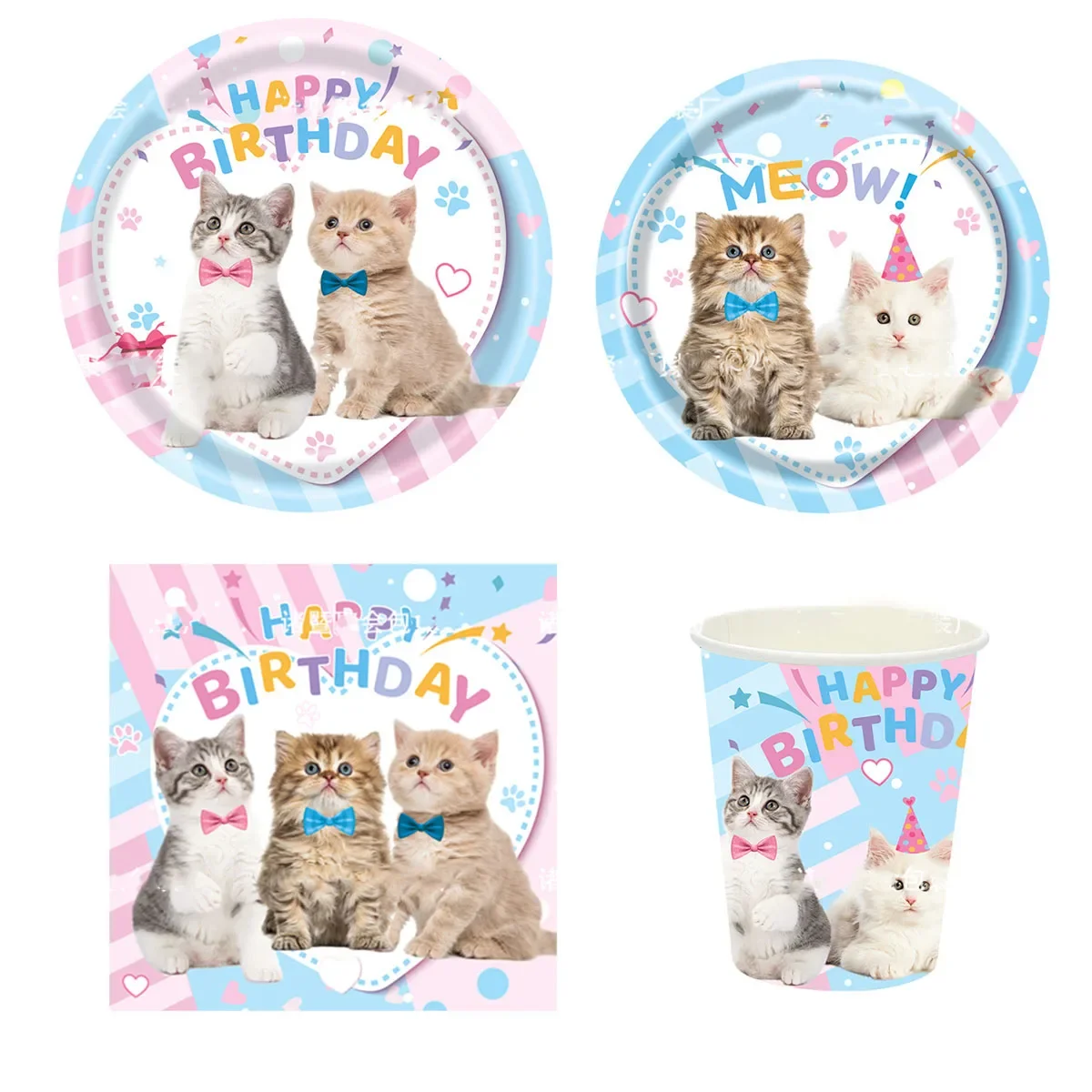 8Guests Cat Theme Birthday Disposable Tableware Cat Plates Cups Napkins Girls Happy Kitty Theme One 1st Birthday Party Decor