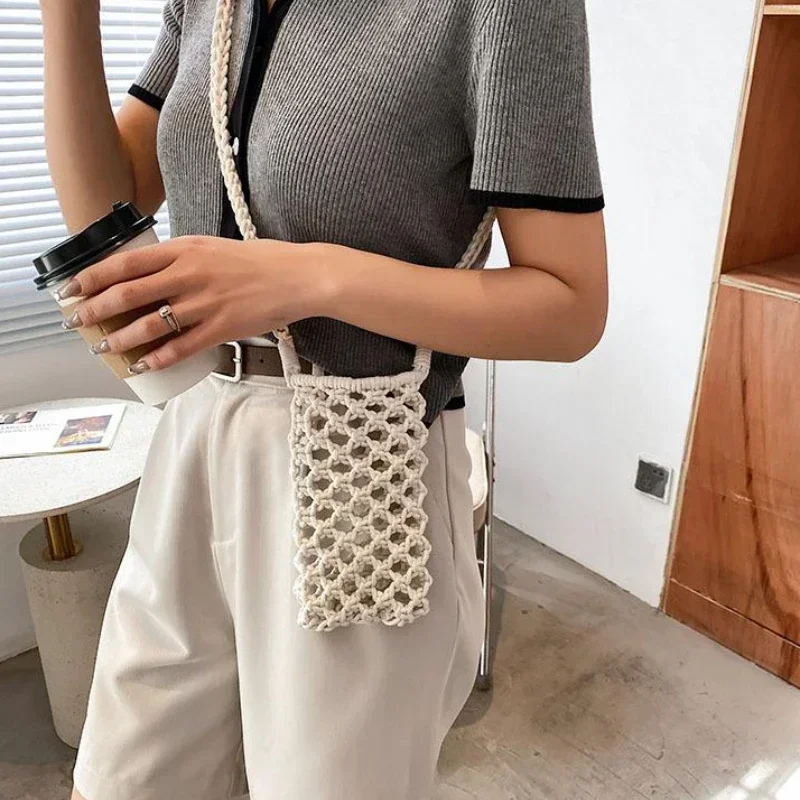 Women Fashion Small Crossbody Phone Bag Solid Color Hollow-out Woven Crochet Lightweight Braided Shoulder Handbag Crossbody Bags