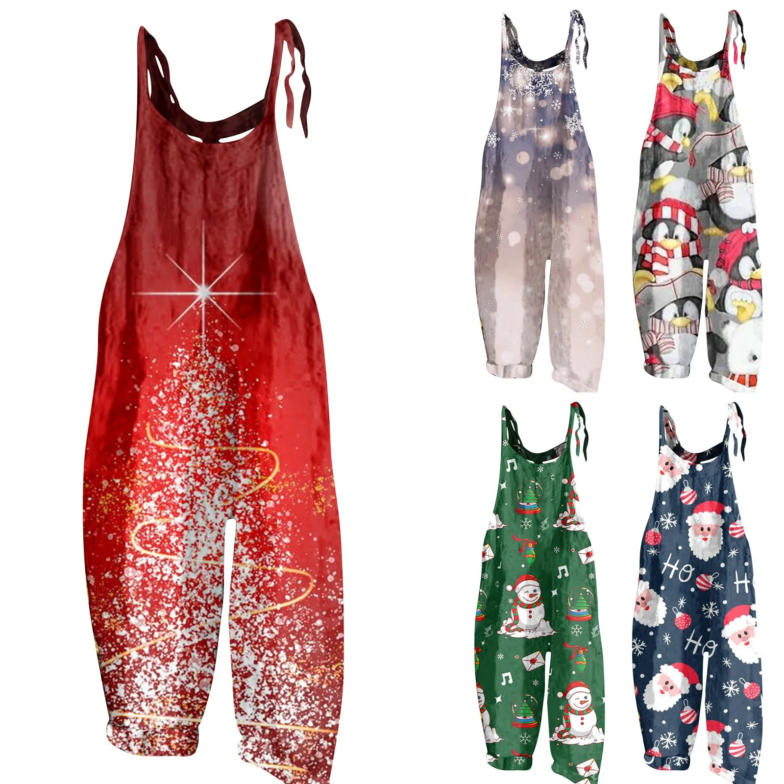 Christmas Clothing Women's Christmas Printing Snowflake Snowman Pattern Long Strap Jumpsuit, Women's Cute Jumpsuit Macacão