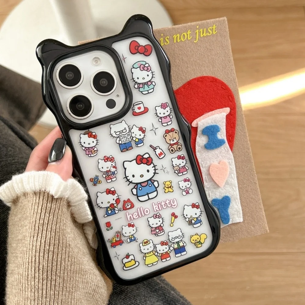 

Cats Ear Hello kitty & Cake Bear Transparent Phone Case for iPhone 16 15 14 13 12 11 Pro Max Funda Y2K Girl Hard PC Clear Cover