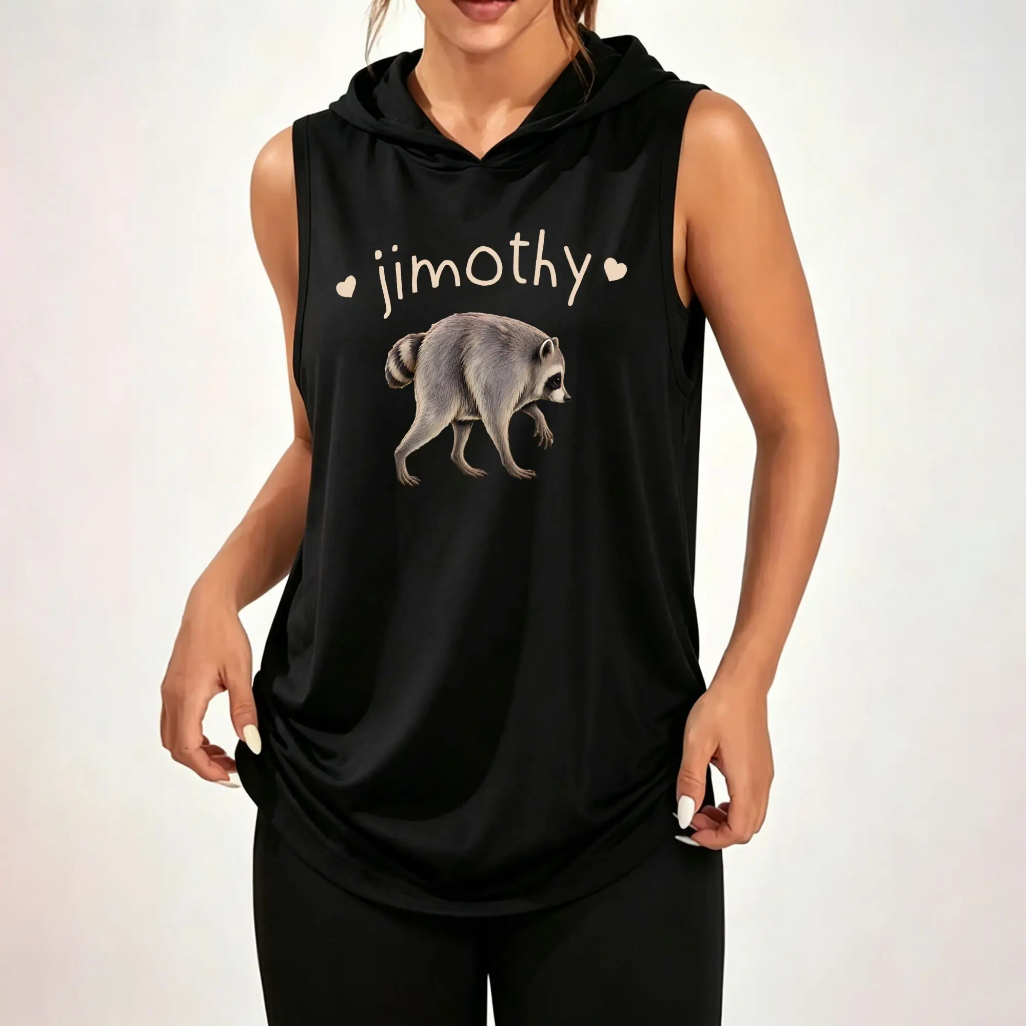 Women's Sleeveless Hoodie, Jimothy Raccoon With Little Hearts Cute Graphic Print Casual Hooded Tank Top