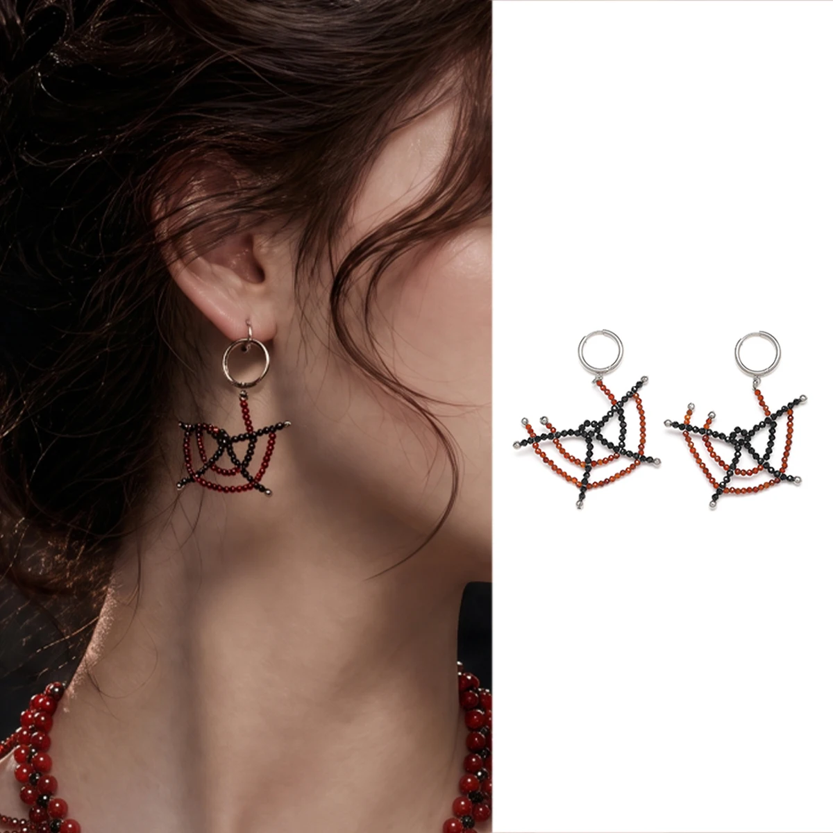 Faceted Mandarin Garnet Black Spinel Spiderweb Drop Earrings Gothic Halloween Jewelry Stainless Steel Hooks Chakra Grounding