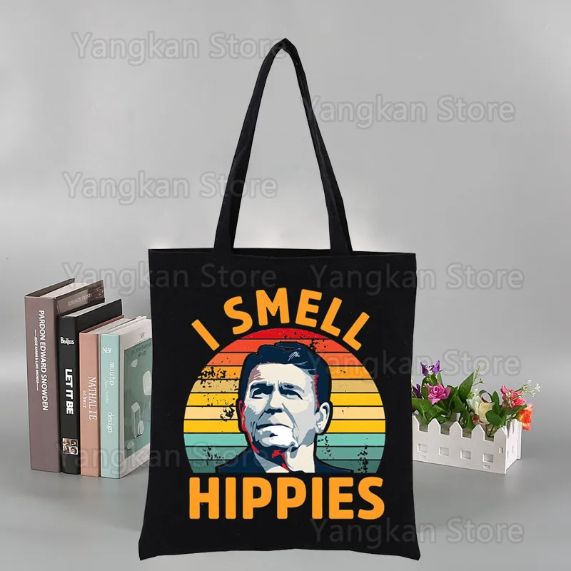 I Smell Hippies Ronald Reagan Shopper Bag Canvas Tote Shoulder Bags Shopping Bag Black Cloth Handbags Eco Friendly