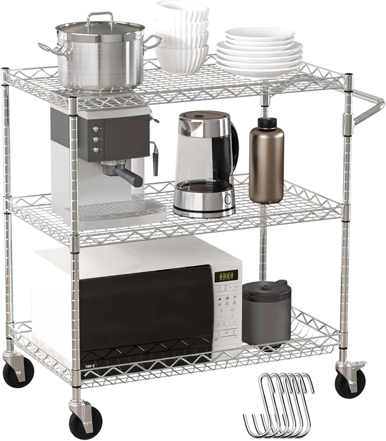 Kitchen Utility Cart, 3 Tiers, Wire Rolling Cart with 661 LBS Capacity, Steel Service Cart on Wheels, Metal Storage