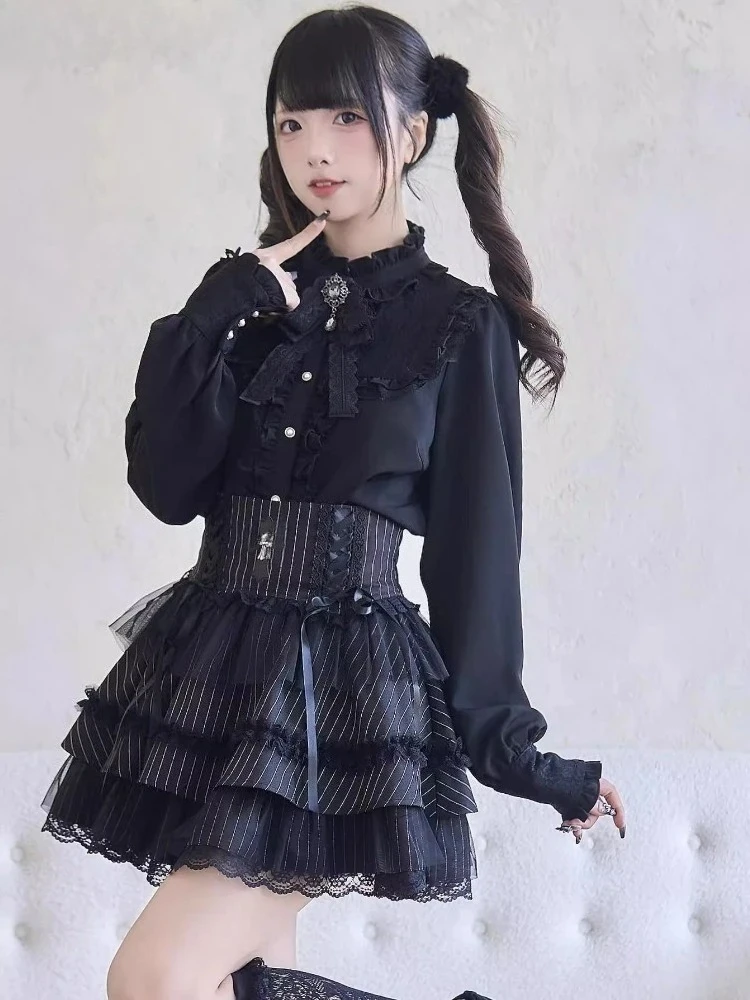 Japanese Sweet Lolita Stand Neck Ruffled Shirt Y2k Aesthetic Lace Patchwork Grunge Blouse Women JK Loose Puff Sleeve Blouses
