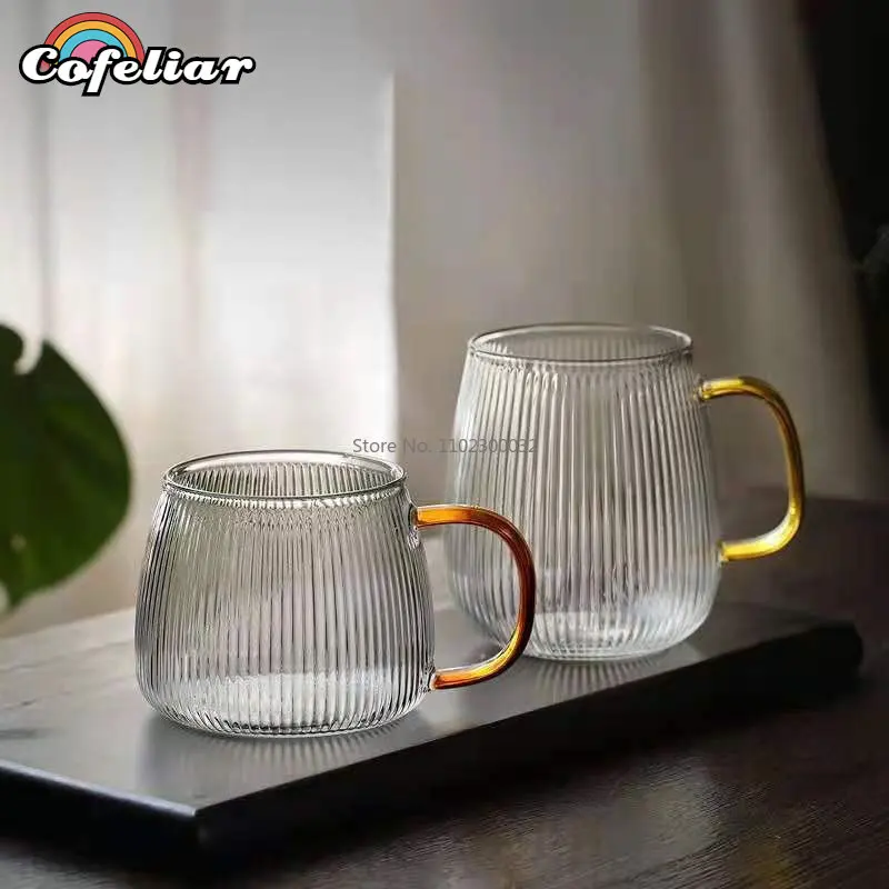 

1-6PCS Japanese Striped Glass with HandleTransparent Water Cup Home Net Celebrity Heat-Resistant Drinking Juice Cup Wine Glasses