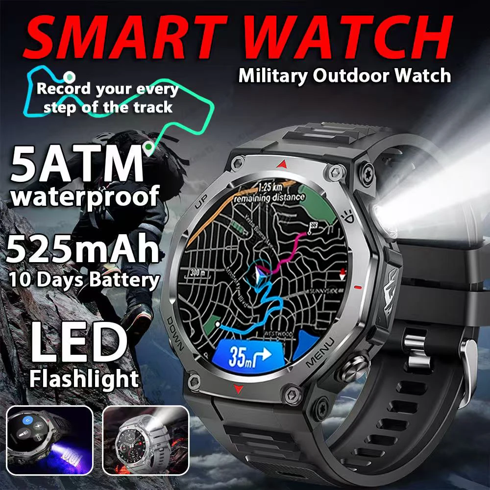 2025 مصباح يدوي عسكري رياضي ساعة ذكية رجل مدمج ثنائي النطاق GNSS البوصلة 5ATM مقاوم للماء 1.43 بوصة AMOLED HD Smartwatch