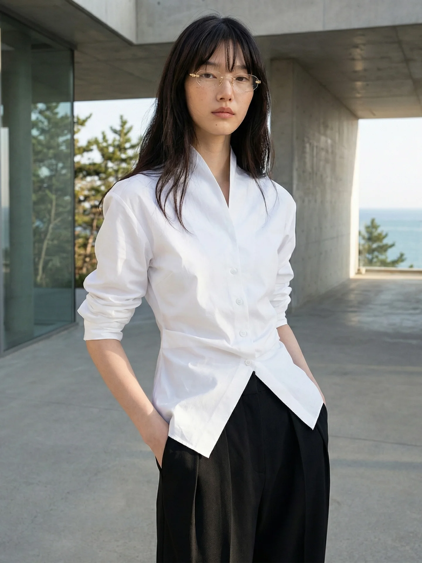 

Slim Fit Long Sleeve Stand Collar Shirt Women's Commute Style Inner Wear White Shirt Breathable Cotton Polyester Blend