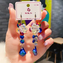 Fashion flower crystal earrings luxury senior long tassel temperament Joker exaggerated earrings
