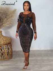 Znaiml Luxury Rhinestone Feathers Prom Party Midi Dress for Women Sexy Mesh See Through Long Sleeve Patchwork Birthday Vestidos