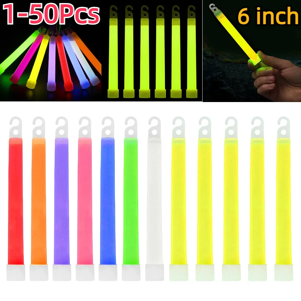 1-50Pcs Glow Sticks with Hook 6 inch Fluorescence Light for Hiking Camping Outdoor Emergency Concert Party Light Sticks