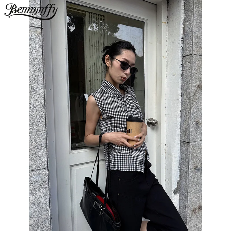 

Benuynffy Retro Plaid Lace up Sleeveless Shirts Women 2026 Summer New Scarf Collar Single-breasted Female Tops Y2k Streetwear