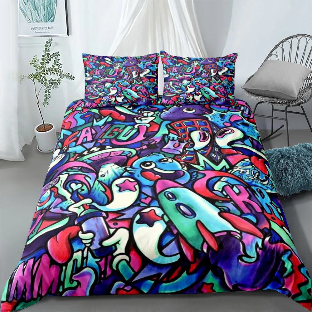 

1980s Hiphop Retro Cartoon Duvet Cover Set EU Single Double King US Twin Full Queen Size Bedclothes