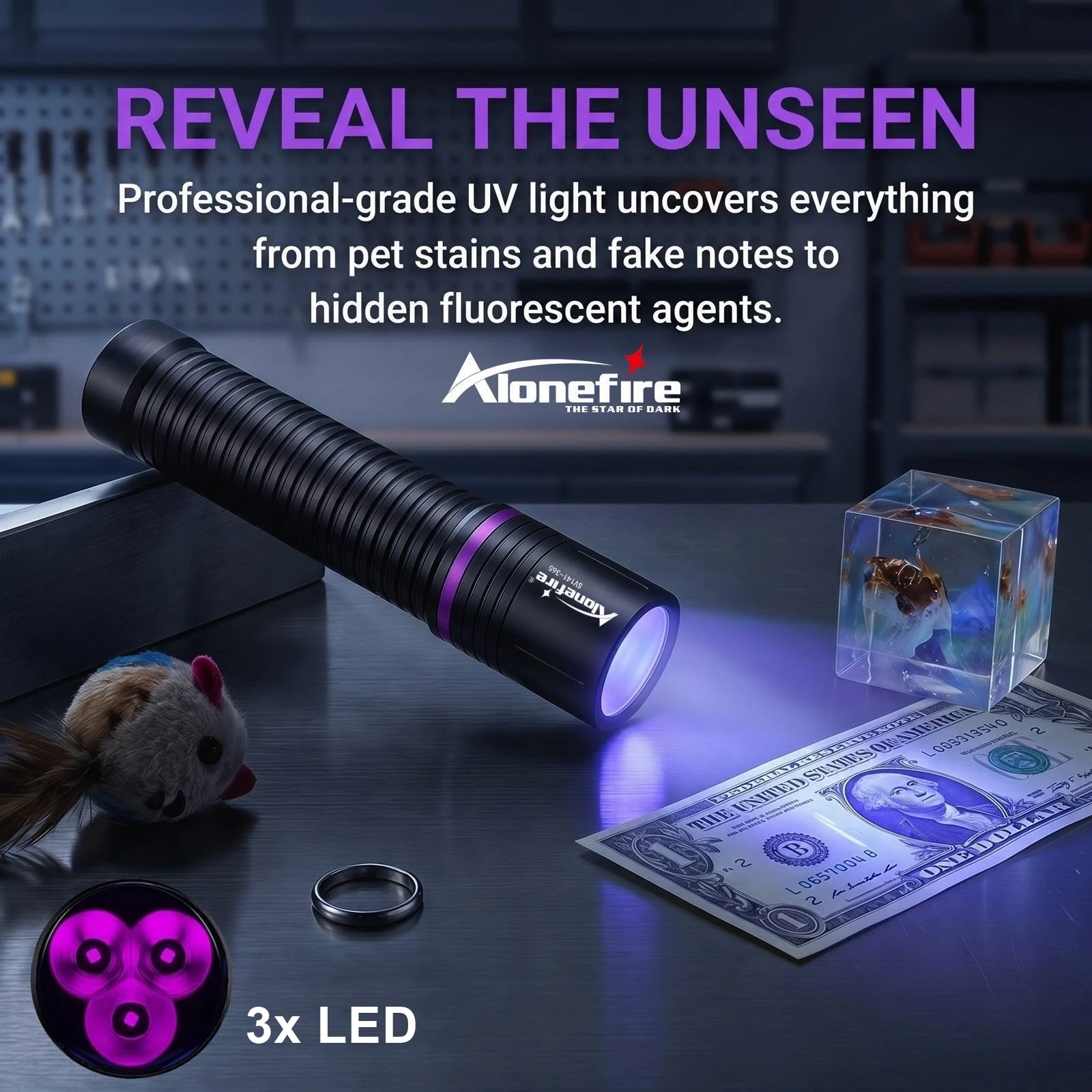 Alonefire 3-LED 365nm/395nm High Power UV Flashlight Blacklight USB Rechargeable Pet Stain Tinea UV Glue Curing Scorpion Torch