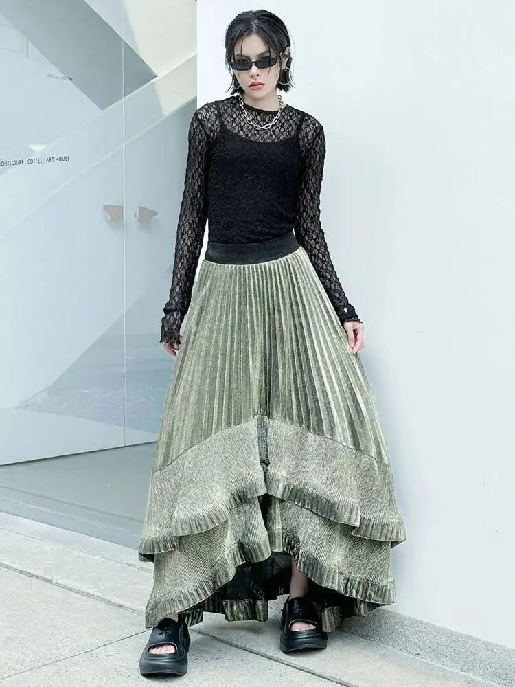 High Elastic Waist Black Irregular Pleated Elegant A-line Half-body Skirt Women Fashion New Spring Autumn