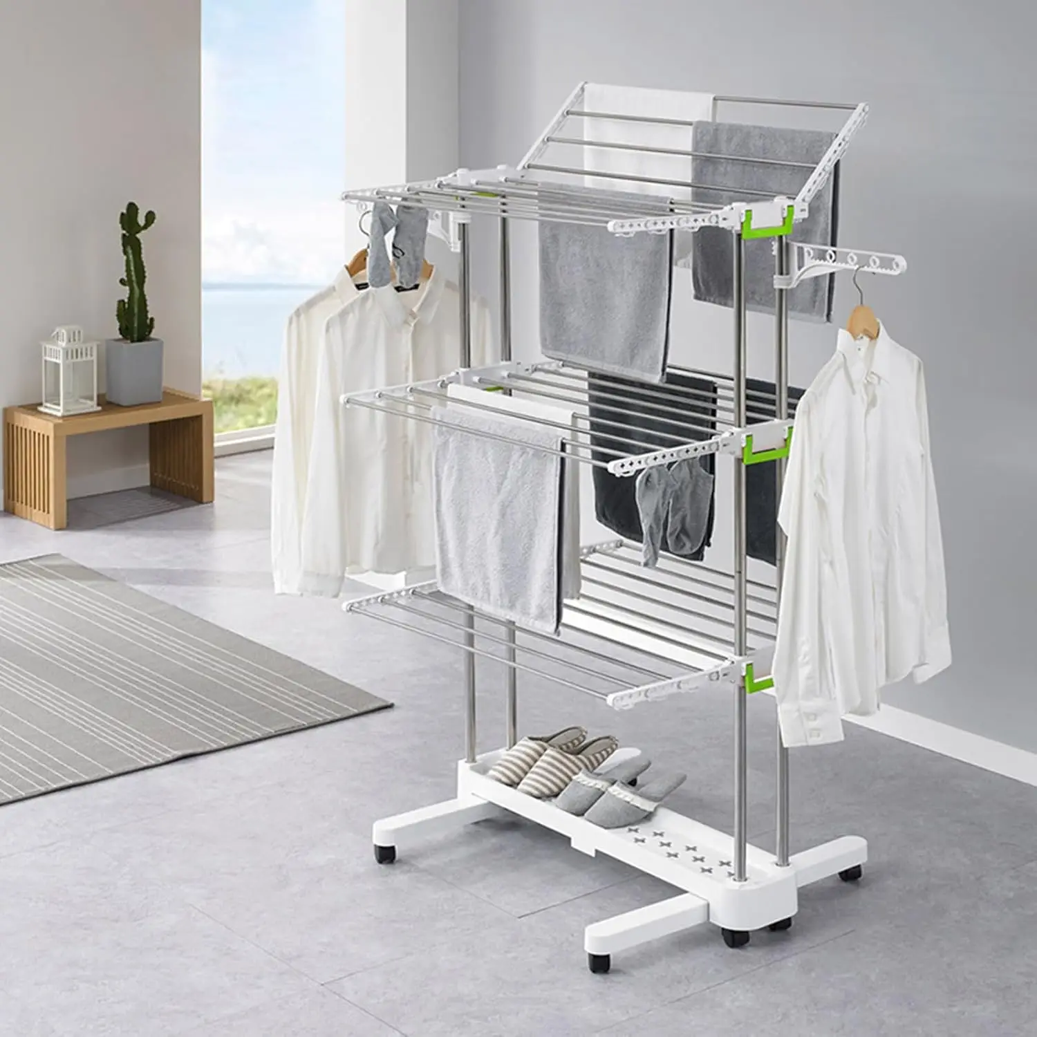 4-Tier Foldable Clothes Hanger, Adjustable Stainless Laundry Dryer Hanger, Rolling Clothes Drying Rack with Wheels