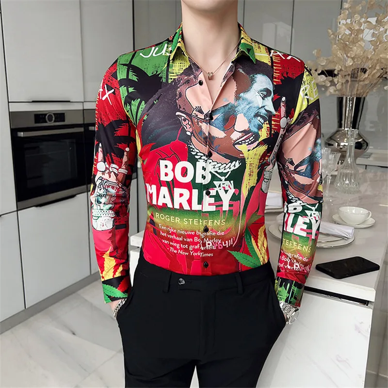 

2024 Mens Vintage Bob Marley Print Long Sleeve Shirt New Fashion Hawaiian Slim Fit Shirts Casual Luxury Shirts Men Chemise Homme