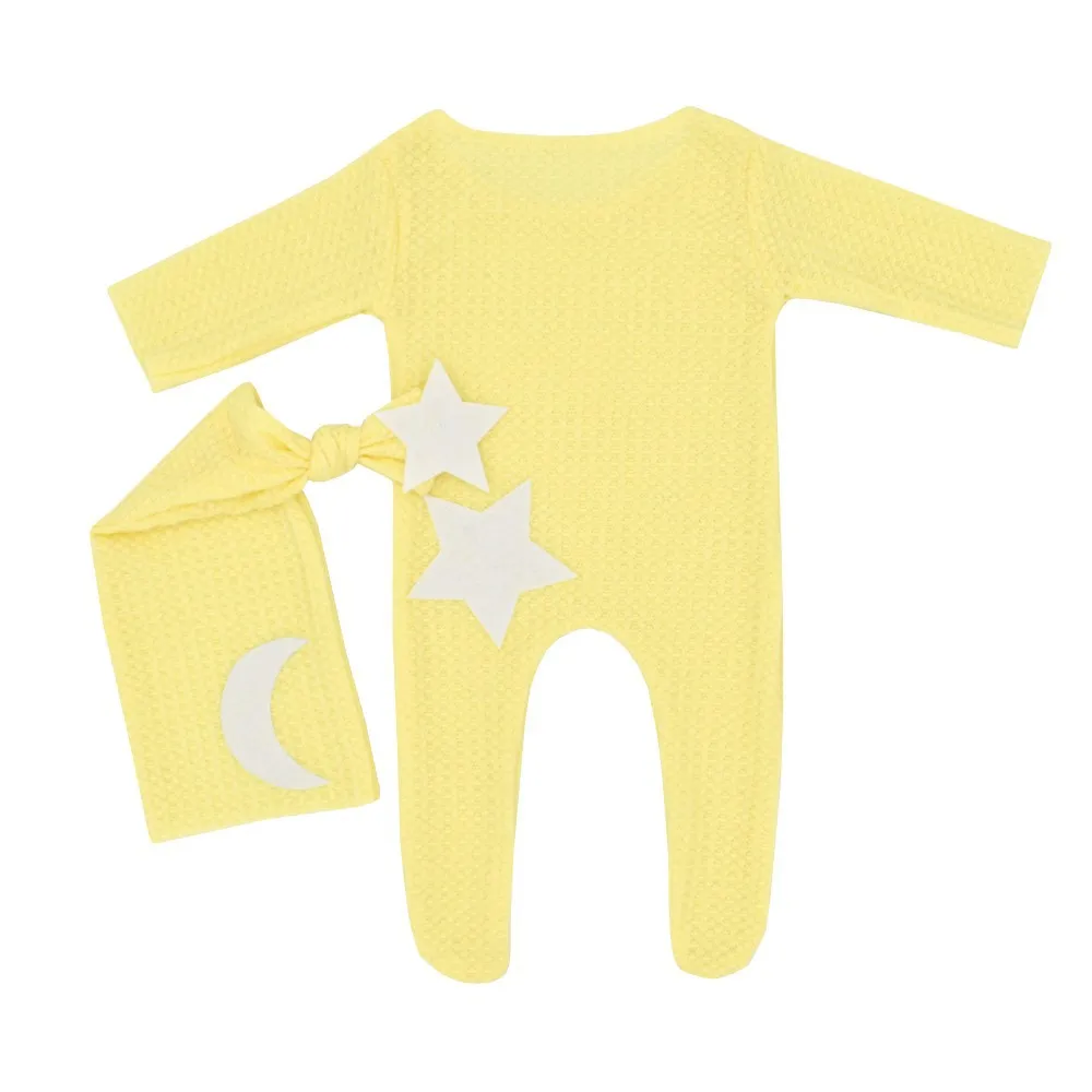 Ylsteed Newborn Footed Romper for Photoshoot Moon Star Patch Photography Outfit Baby Boy Picture Props Long Sleeve Jumpsuit