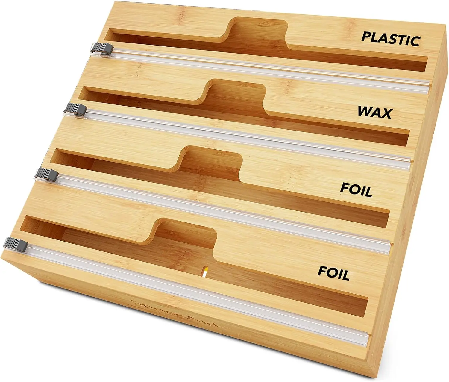 

Диспенсер для пищевой пленки 4-в-1 с резаком и этикетками для кухонного ящика, бамбуковый органайзер для пластиковой пленки, фольги, вощеной бумаги