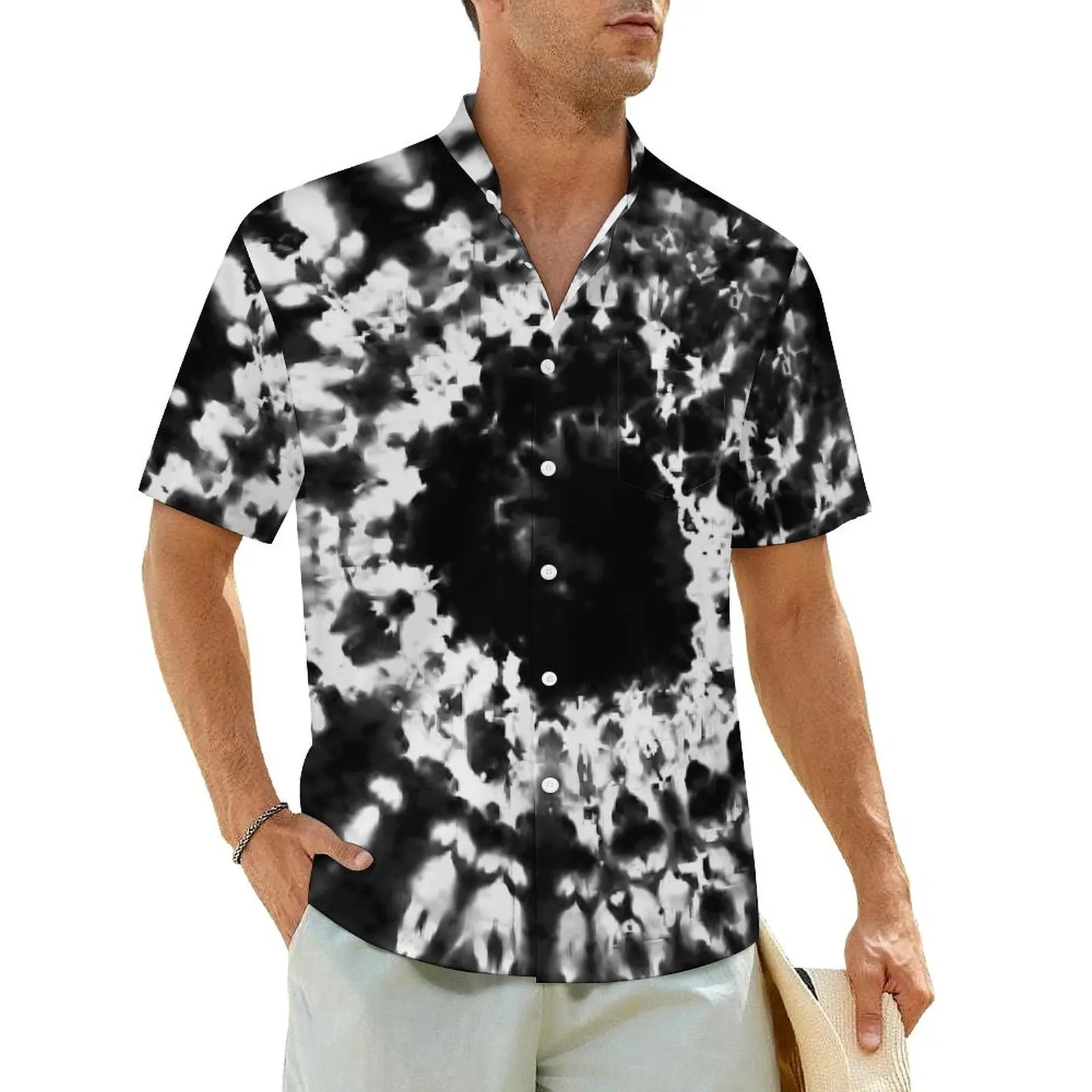 

Black Tie Dye Print Beach Shirt White Spiral Hawaiian Casual Shirts Mens Elegant Blouses Short Sleeve Comfortable Custom Clothes