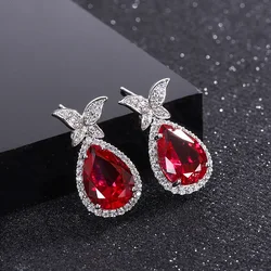 Huitan Waterdrop Red Cubic Zirconia Butterfly Earrings for Women Newly Designed Temperament Lady Earrings Wedding Trendy Jewelry